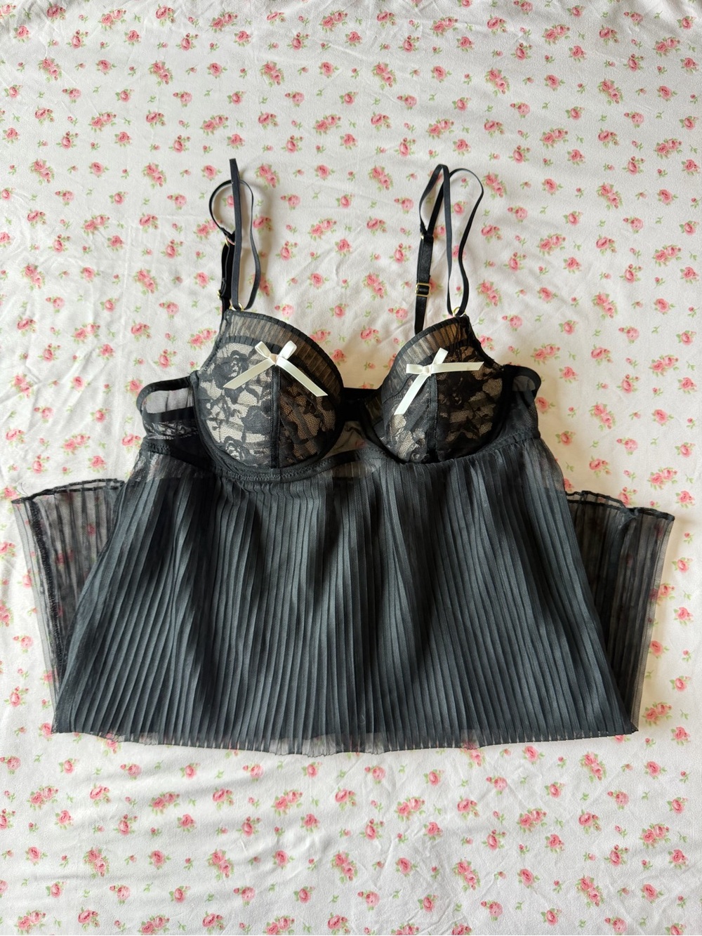 Ambrielle Black Lace Pleated Chemise with Cream Bows